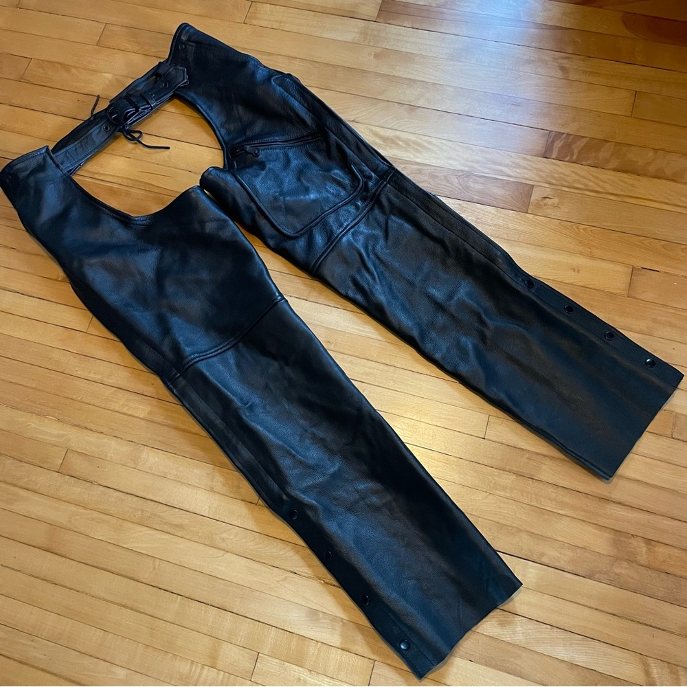 LEATHER KING Leather Chaps Mesh Lined Adjustable Pockets Punk Goth Moto Unisex